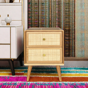 Mesita de noche Japonesa Moderna de madera maciza de ratán, 2 cajones, opción de roble, Acacia, hogar, Hotel, dormitorio, muebles OEM, producto de Vietnam, uso en el salón - Product Image 1