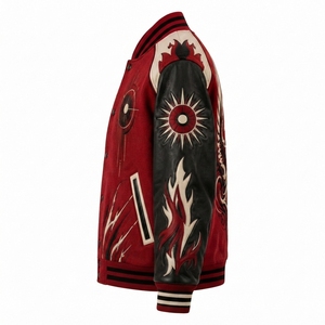 Veste universitaire en laine et cuir avec broderie d'oiseau et fermeture à boutons-pression, conçue pour le streetwear. - Product Image 3