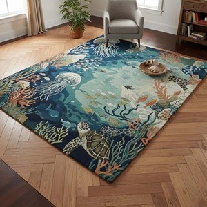Alfombra Decorativa Tejida a Mano con Diseño de Vida Marina, Arrecife de Coral, Medusas y Tortugas, para Sala de Estar o Dormitorio - Product Image 3