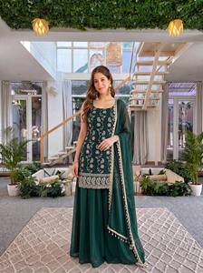 Premium Wine and <b>Emerald</b> Green Embroidered Sharara Suit Set with Chiffon Dupatta Designer Ethnic Party Wear Wedding Outfit - Product Image 4