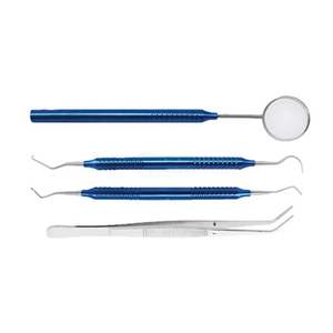 Kit dentaire ergonomique en acier inoxydable avec poignée en silicone bleu, 3 pièces (miroir, sonde, pincettes) pour usage clinique, service OEM - Product Image 2