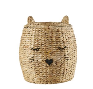 Cat Shaped Water Hyacinth Storage <b>Bin</b> Woven Kids Toy Organizer Hamper with <b>Covered</b> Lid - Product Image 1