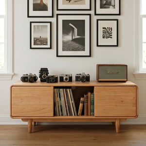 Meuble TV en teck massif, console multimédia minimaliste, meuble de salon, centre de divertissement en bois - Product Image 6