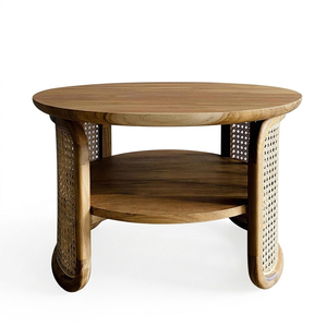 Mesa de Centro de Madera de Teca de Diseño Escandinavo Minimalista, Combinación Duradera de Ratán, Estantes de Almacenamiento Modernos, Sala de Estar Ecológica - Product Image 2