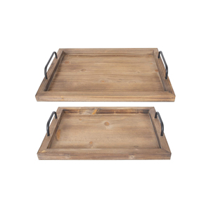 Wooden Set Of 2 Rectangle Trays With Geometric Pattern And <b>Black</b> Metal Handles Minimalist Design Serving <b>Plates</b> - Product Image 3