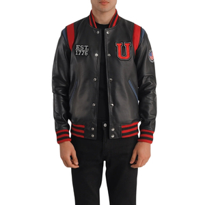 <b>Men's</b> <b>Black</b> PU Leather Varsity Jacket Stand Collar Color Block Embroidered <b>Badge</b> Snap Button Windproof - Product Image 3