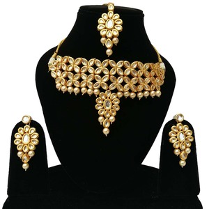 Luxury Brass Alloy Zircon Kundan Choker Necklace Stud Earrings Set Traditional Indian Bridal Engagement Wedding Party Shiny - Product Image 1