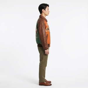 Blouson aviateur en cuir marron pour homme avec design patchwork coloré, col rabattable, fermeture éclair, style décontracté automne - Product Image 3