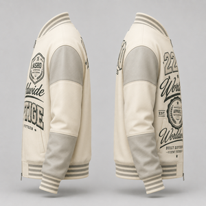 Blouson universitaire unisexe en velours côtelé PU, design unique, beige, manches contrastantes, fermeture éclair frontale, patchs décoratifs, logo Prestige mondial, hiver - Product Image 3