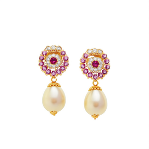 Trendy Vintage Gold Plated Drop Earrings with Pearl Ruby Diamond for Party & Gift - Product Image 2