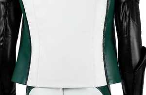 <b>Men's</b> <b>White</b> Green Genuine Leather Biker <b>Jacket</b> Stand Zipper Closure Slim Fit Regular Length Color Blocking Windproof Front - Product Image 4