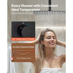 Sistema de Ducha de Lluvia Termostática de Techo de 12 Pulgadas con Kit de Válvula de Latón de Montaje en Pared de 6 Pulgadas, Negro Mate, Grifo de Mano 2 en 1 - Product Image 3