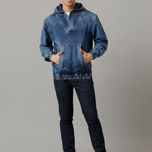 เสื้อฮู้ดดี้เดนิมผู้ชายคุณภาพสูงแบบเรียบง่าย ดีไซน์ใหม่ล่าสุด ขายส่ง / เสื้อฮู้ดดี้แบบสวมหัวทรงเรียบง่าย ล้างสีแบบแอซิดวอช สำหรับผู้ชาย - Product Image 2