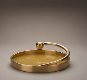 Plateau rond en métal émaillé finition or avec poignée en boule, plateau de service décoratif moderne jaune pour table basse et collations, vente en gros - Product Image 4