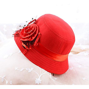 Chapeau Fedora en lin rouge élégant avec bande en satin à fleur de rose, chapeau d'église classique vintage pour femme, cloche de fête printemps automne - Product Image 2