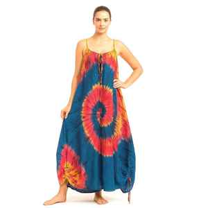 Robe longue maxi pour femme, rouge tie-dye, écologique, lavable, à bretelles spaghetti, manches courtes, style bohème, été - Product Image 1