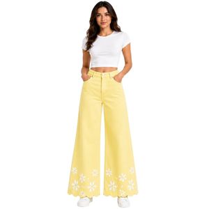 Pantalones Anchos de Mezclilla para Mujer, Color Amarillo Pastel, Bordados con Flores, Cintura Alta, Estilo Palazzo, Personalizables con Etiqueta Privada, Moda Casual - Product Image 1