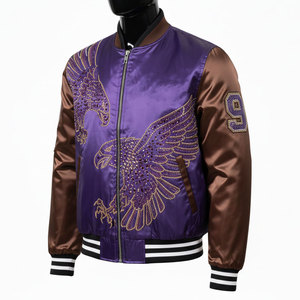 Purple Men's Bomber <b>Jacket</b> With Sequined Eagle Embroidery Brown Sleeves Zipper Closure Casual Style Autumn Wear - Product Image 5