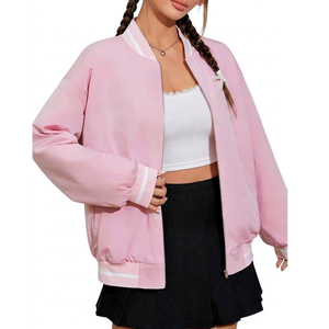 Veste universitaire rose à manches longues avec fermeture éclair, bordure contrastante, coupe classique, pour femme, tenue d'automne, couleur unie, col rabattu - Product Image 1