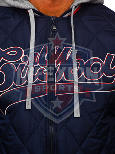 Men's Navy Quilted Hooded <b>Jacket</b> With Embroidery Logo Zipper Closure Casual Autumn Wear - Product Image 3