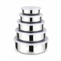 Ensemble de bols en acier inoxydable poli, écologiques, sans BPA, design indien, style minimaliste, avec couvercle (lot de 5) |   Bols de cuisine multi-usages