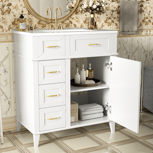 Adjustable Shelf 30-Inch <b>Bathroom</b> <b>Vanity</b> with Soft Close Door & Drawers Featuring Ceramic Sink and Three Soft Close Units - Product Image 2