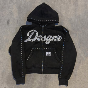 Streetwear Hip Hop High Quality 100% Cotton Custom Logo Rhinestone Winter Heavyweight 400Gsm <b>Pullover</b> Sweatshirt <b>Men</b> Hoodie - Product Image 4