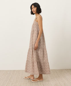Robe longue d'été décontractée en gaze double biologique imprimée, sans manches, col carré, coupe ample, ourlet étagé - Product Image 2