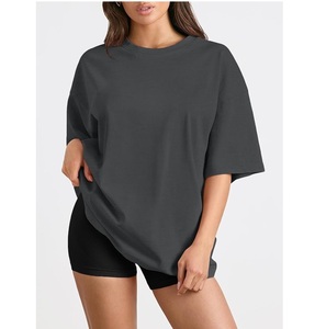 T-shirt à manches courtes gris foncé surdimensionné, col rond, coupe ample, couleur unie, en coton tricoté respirant, style printemps-été - Product Image 1