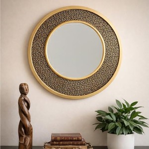 Acacia Wood Round Wall <b>Mirror</b> Copper Filigree - Handcrafted Wholesale - Product Image 2