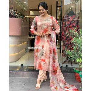 ATRACTIVE ORGANZA BORDADO IMPRESO SECUENCIA TRABAJO FONDO SUPERIOR CON DUPATTA MELOCOTÓN - Product Image 2