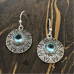 Ethnic Geometric Pattern <b>Fine</b> Silver 925 <b>Earrings</b> With Blue Quartz Antique Oxidized Round Dangle Jewelry - Product Image 2