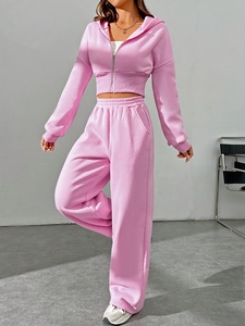Women Pink Hooded Tracksuit Full Sleeve Solid Color Casual Sweatshirt Elastic Waist Pants Breathable Midweight <b>Jogging</b> <b>Suit</b> - Product Image 4