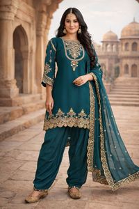 ชุดส่าหรีผู้หญิง ผ้าจอร์เจตต์ปักลาย ฟอกซ์  ความยาวระดับเข่า ชุดอินเดีย ชุดปากีสถาน สำหรับงานเทศกาล  งานออกแบบแบบดั้งเดิม - Product Image 2