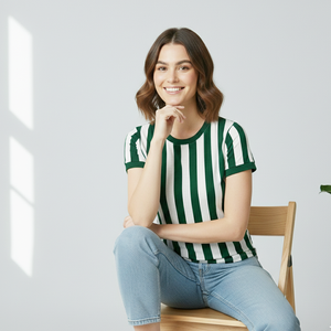 เสื้อยืดลายทางสีขาวเขียวสำหรับผู้หญิง ลดราคาจากโรงงาน รับสั่งทำทุกแบบ - Product Image 5