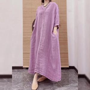 Robe longue en mélange de coton et de lin, style bohème chic, col rond, demi-manches, coupe ample et décontractée, tenue tendance pour femme - Product Image 4