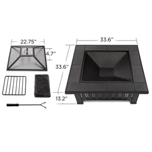 Modern <b>Outdoor</b> <b>Fire</b> Pit <b>Table</b> With Spark Screen Wood Burning Freestanding Iron Patio Heater Black - Product Image 2
