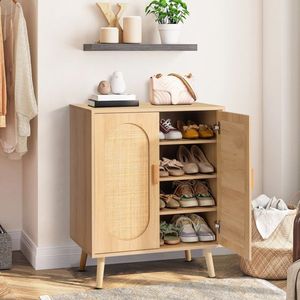 Mobiletto Portascarpe in Quercia e Rattan con Ripiani Regolabili e Doppia Anta per Soggiorno, Camera da Letto, Corridoio - Product Image 4