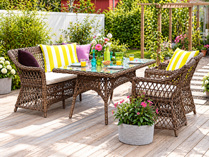 Conjunto de Sofá de Mimbre Sintético para Exteriores con Mesa de Comedor con Cubierta de Vidrio, Sillas Acolchadas y Sofá de Dos Plazas para Jardín, Patio y Terraza - Product Image 2