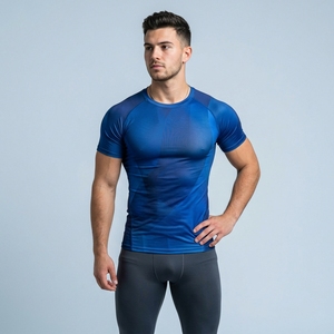 Men's Blue Compression Sport Shirt Short Sleeve O-Neck Quick Dry Slim Fit Knitted Performance Activewear Top - Product Image 1
