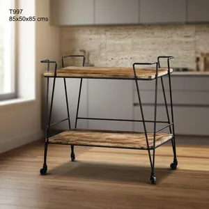 Chariot de bar industriel en métal et bois à deux niveaux, étagère de rangement roulante pour cuisine, mobilier de bar moderne pour la maison - Product Image 4