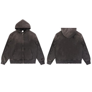 Survêtement à capuche décontracté brodé en molleton épais 100 % coton délavé style vintage, coupe oversize, pour la vente en gros - Product Image 2