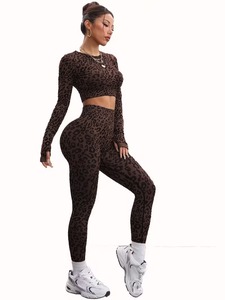 Seamless Two Piece Fitness Outfit Jacquard Animal Print Thumbhole <b>Top</b> with Ruched Booty Lifting <b>Compression</b> Workout Tights - Product Image 4
