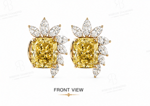 Elegant floral <b>stud</b> earrings in 18K yellow gold with fancy yellow cushion diamonds and marquise lab grown diamonds couture desig - Product Image 3