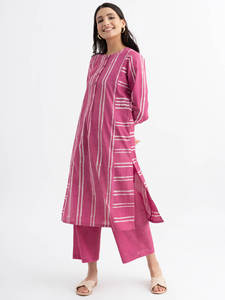 Pink Striped Dot A-Line Midi <b>Dress</b> With <b>Short</b> Sleeves Crew Neck Loose Fit Casual <b>Summer</b> Wear Woven Cotton Fabric Beautiful - Product Image 2