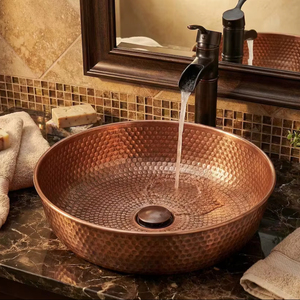 Lavabo de Baño de Latón Martillado, Redondo, para Encimera, Duradero, Hecho a Mano, Decoración Moderna y de Lujo para el Hogar - Product Image 1