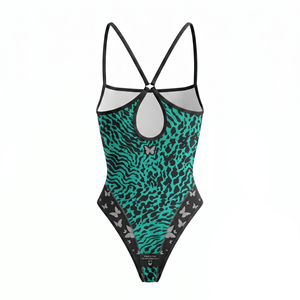 Traje de Baño Premium para Mujer, 200 GSM, Poliéster y Spandex, Color Verde Azulado y Negro, Panel Frontal Estampado con Mariposas, Paneles Laterales con Transferencia Térmica, Logotipo Personalizado - Product Image 2