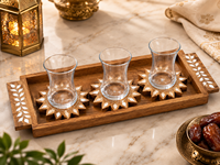 Plateau de service rectangulaire en bois avec incrustation florale, 3 porte-verres, ensemble décoratif rustique, design en bois artisanal