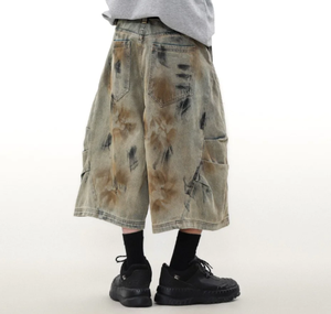 Shorts de mezclilla de cintura alta personalizados, lavado claro, estilo vintage, oversize, con efecto de pulverización abstracto, estilo streetwear - Product Image 3