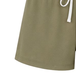 Olive Green Women Two Piece Shorts Set Square Neck Button Crop <b>Top</b> White Floral Embroidery Casual Summer Cotton Lounge Wear - Product Image 6